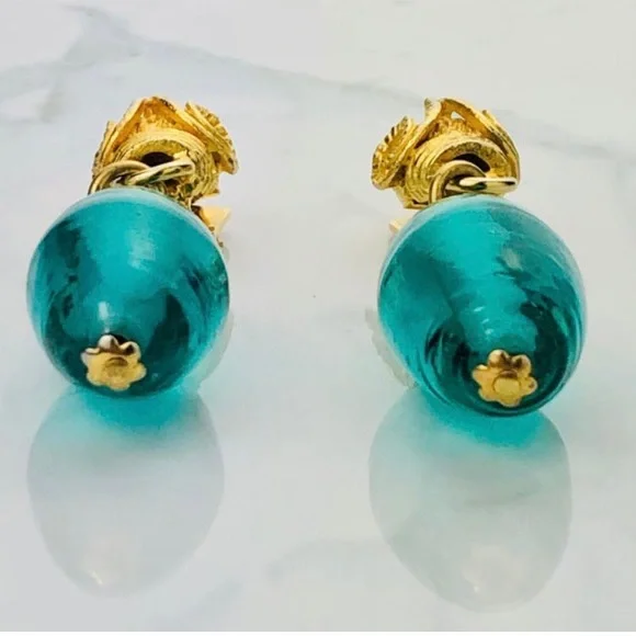 RARE VTG 80s Liza O Etruscan Ram Head Teal Colored Hand Blown Art Glass Earrings - Picture 9 of 9